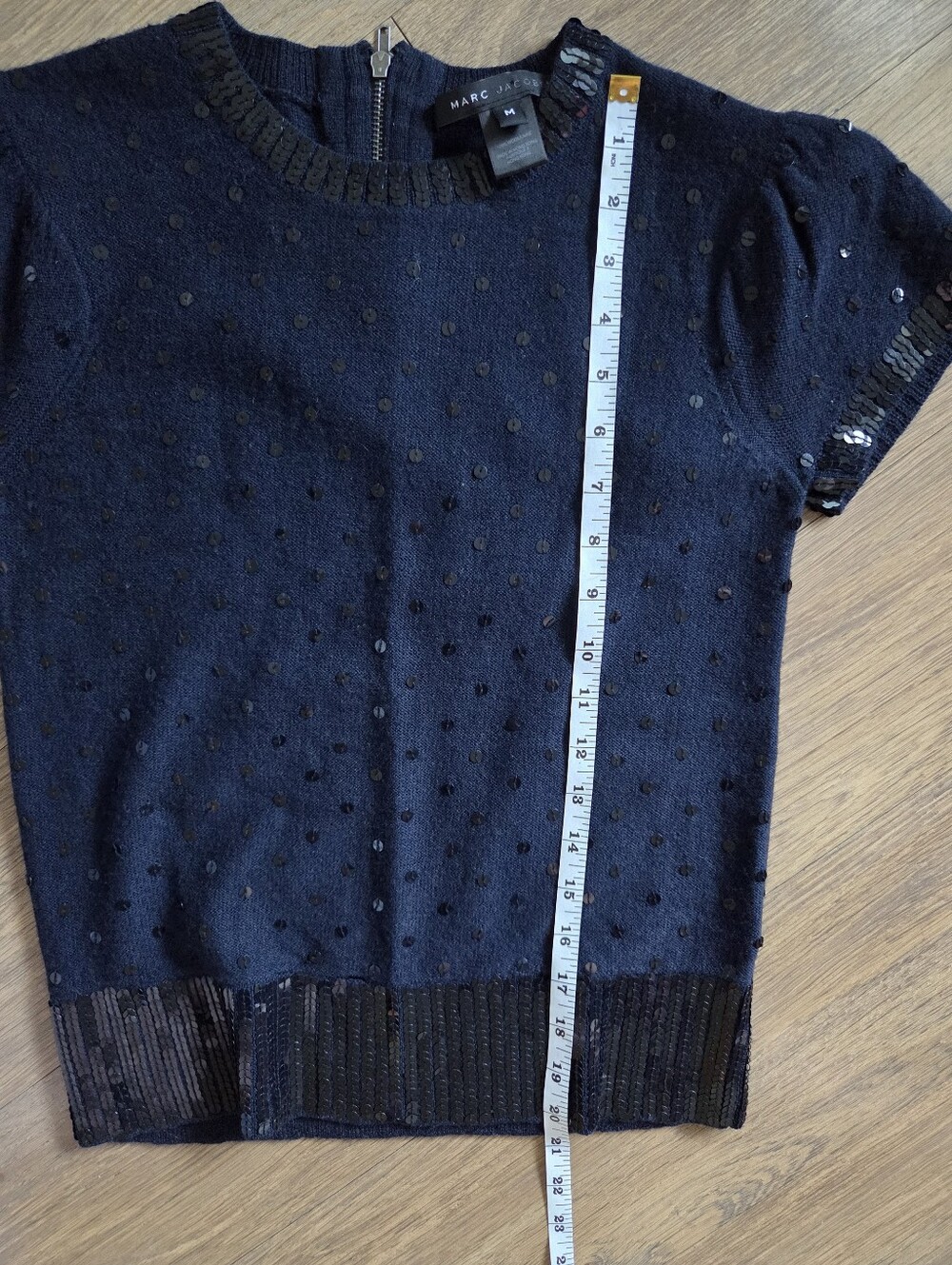 Marc Jacobs Wool Navy Short Sleeve Sequin Dot Knit Top Size M - Picture 6 of 10